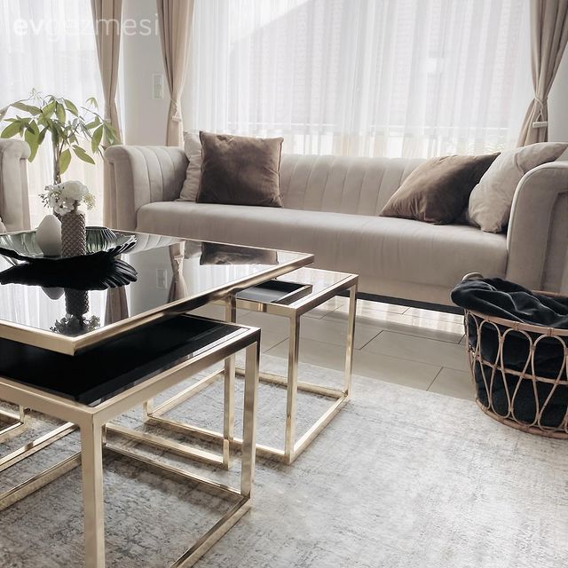 Salon, Modern, Art deko, Bej, Krem, Siyah, Altın, Beyaz, Koltuk takımı, Halı, Salon halısı, Orta sehpa, Sehpa, Kırlent, Ev tekstili, Tül perde, Perde, Fon perde, Ev bitkisi, Saksı, Dekoratif Objeler