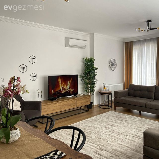 Salon, Modern, Gri, Bej, Kahverengi, Krem, Siyah, Koltuk takımı, Orta sehpa, Sehpa, Tv ünitesi, Tv ünitesi aksesuarları, Ev Aksesuar, Ev bitkisi, Sandalye, Yemek masası, Halı, Salon halısı, Avize, Aydınlatma, Parke