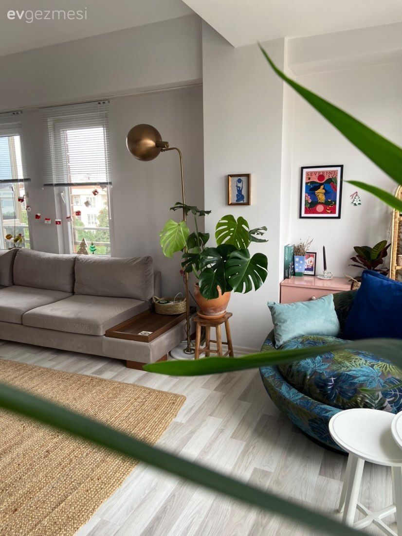 Salon, Modern, Mavi, Yeşil, Jüt halı, Halı, Hasır, Kırlent, Ev tekstili, Ev bitkisi, Yuvarlak sehpa, Sehpa, Cam orta sehpa, Orta sehpa, Saksı, Hasır avize, Lambader, Aydınlatma, Çerçeve, Tablo, Duvar dekorasyonu