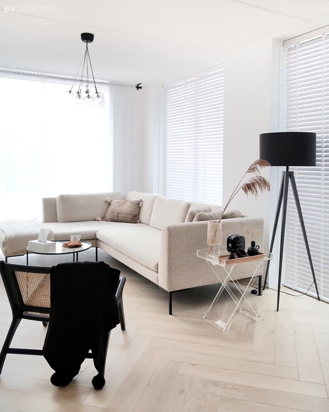 Salon, Modern, Bej, Beyaz, Siyah, Köşe koltuk, Koltuk takımı, Orta sehpa, Sehpa, Metal ayaklı sehpa, Lambader, Aydınlatma, Avize, Salon avizesi, Jaluzi, Parke, Sandalye, Kırlent, Ev tekstili