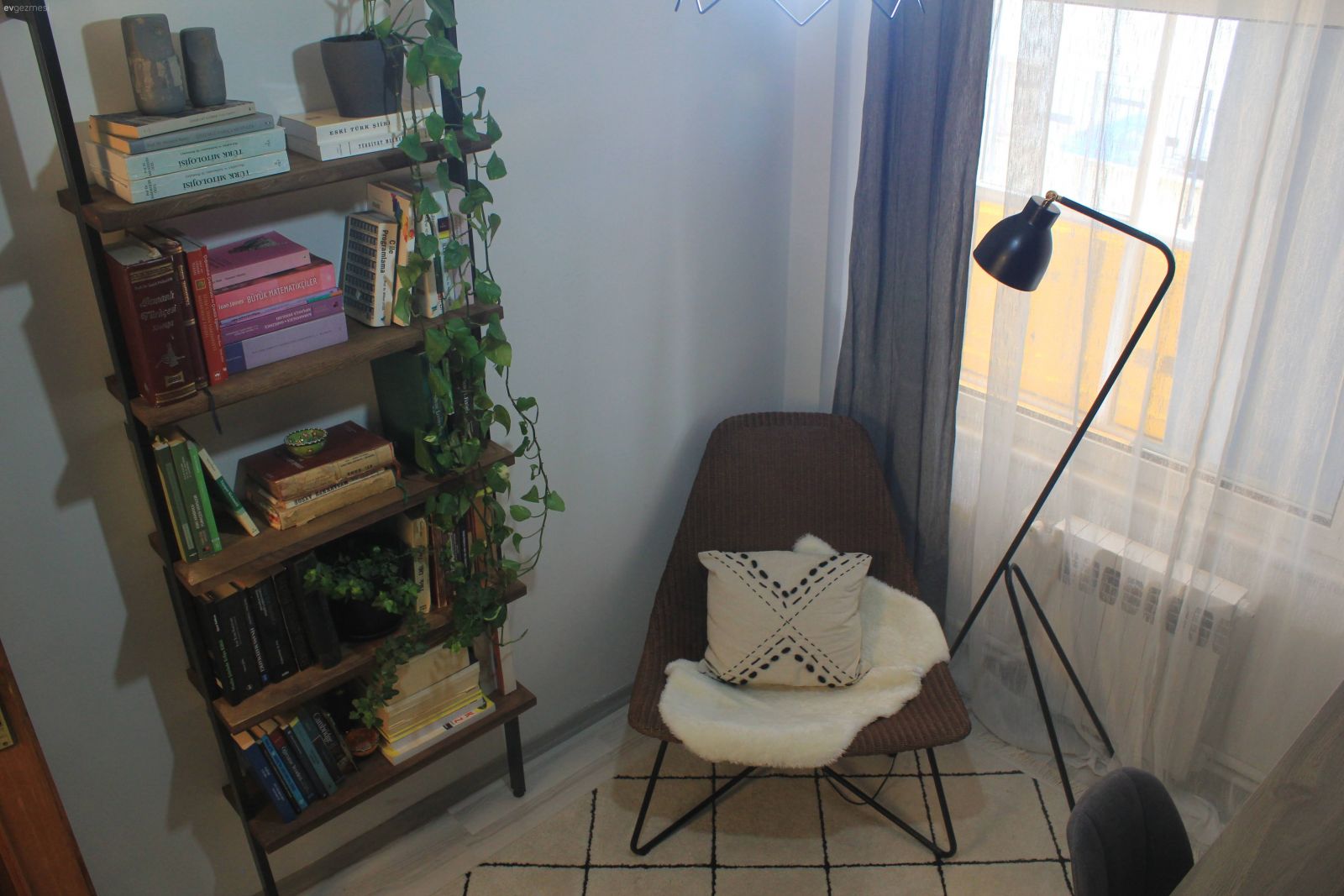 Çalışma odası, Lambader, Aydınlatma, Kitaplık, Ev bitkisi, Sandalye, Fon perde, Perde, Tül perde