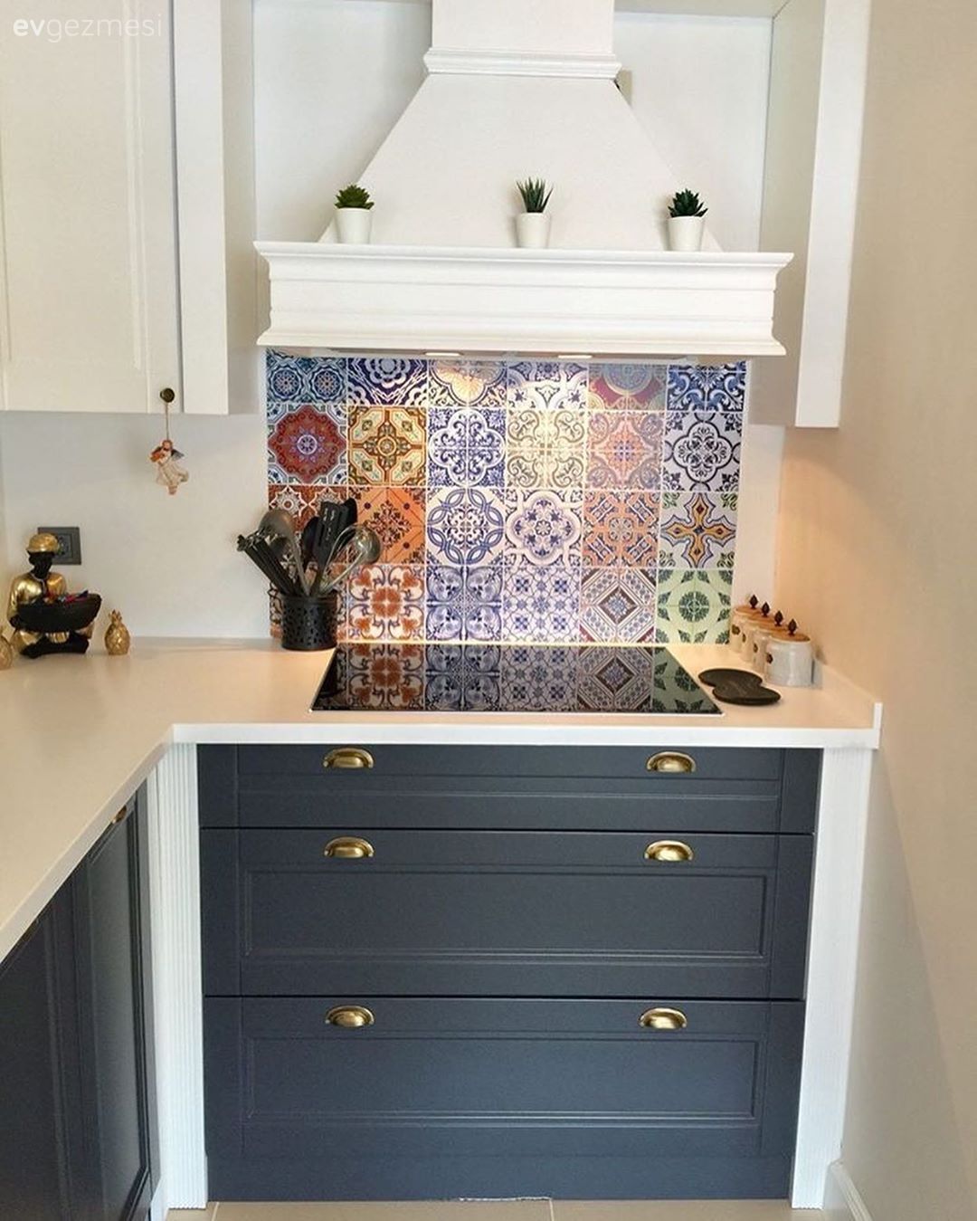 Mutfak, Mavi, Beyaz, Mutfak tezgahı, Mutfak tezgah arası, Shaker kapaklı dolaplar, Ayna kapaklı dolap, Ayna, Mutfak Avize Modelleri, Mutfak halısı, Tezgah arası seramik