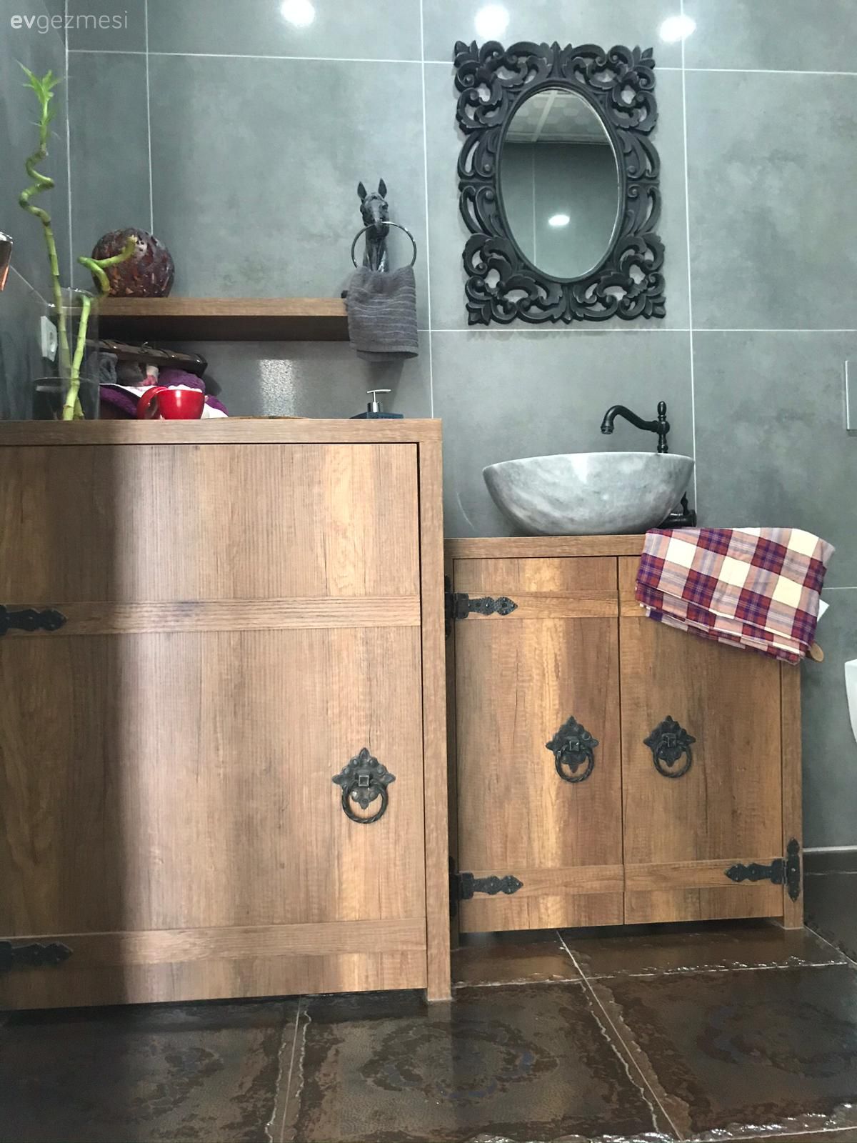 Banyo, Ahşap Mobilya, Vizon, Gri, Banyo dolabı, Banyo aynası, Banyo seramikleri