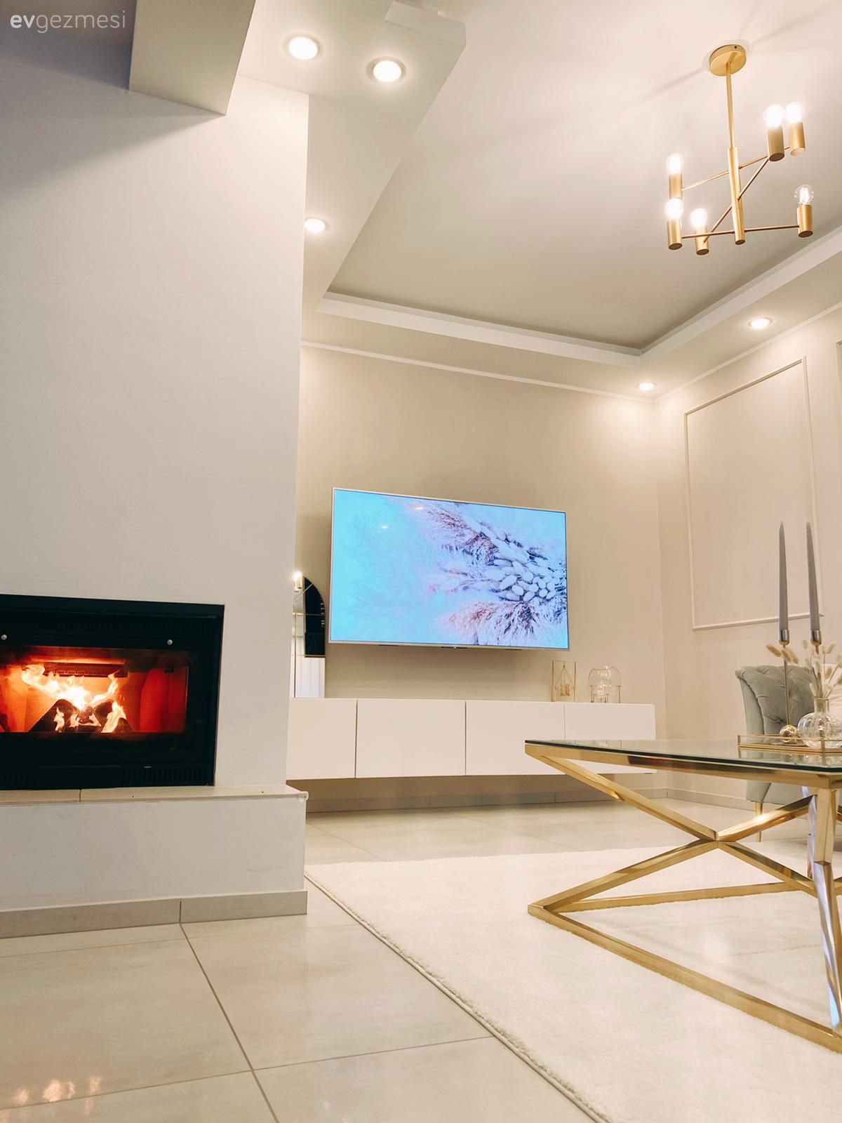 Şömine, Beyaz, Gri, Altın, Halı, Salon halısı, Orta sehpa, Sehpa, Şamdan, Ev Aksesuar, Tv ünitesi