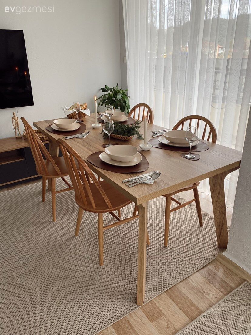 Yemek Odası, Bohem Dekorasyon, Ahşap Mobilya, Bej, Krem, Vizon, Beyaz, Tül perde, Perde