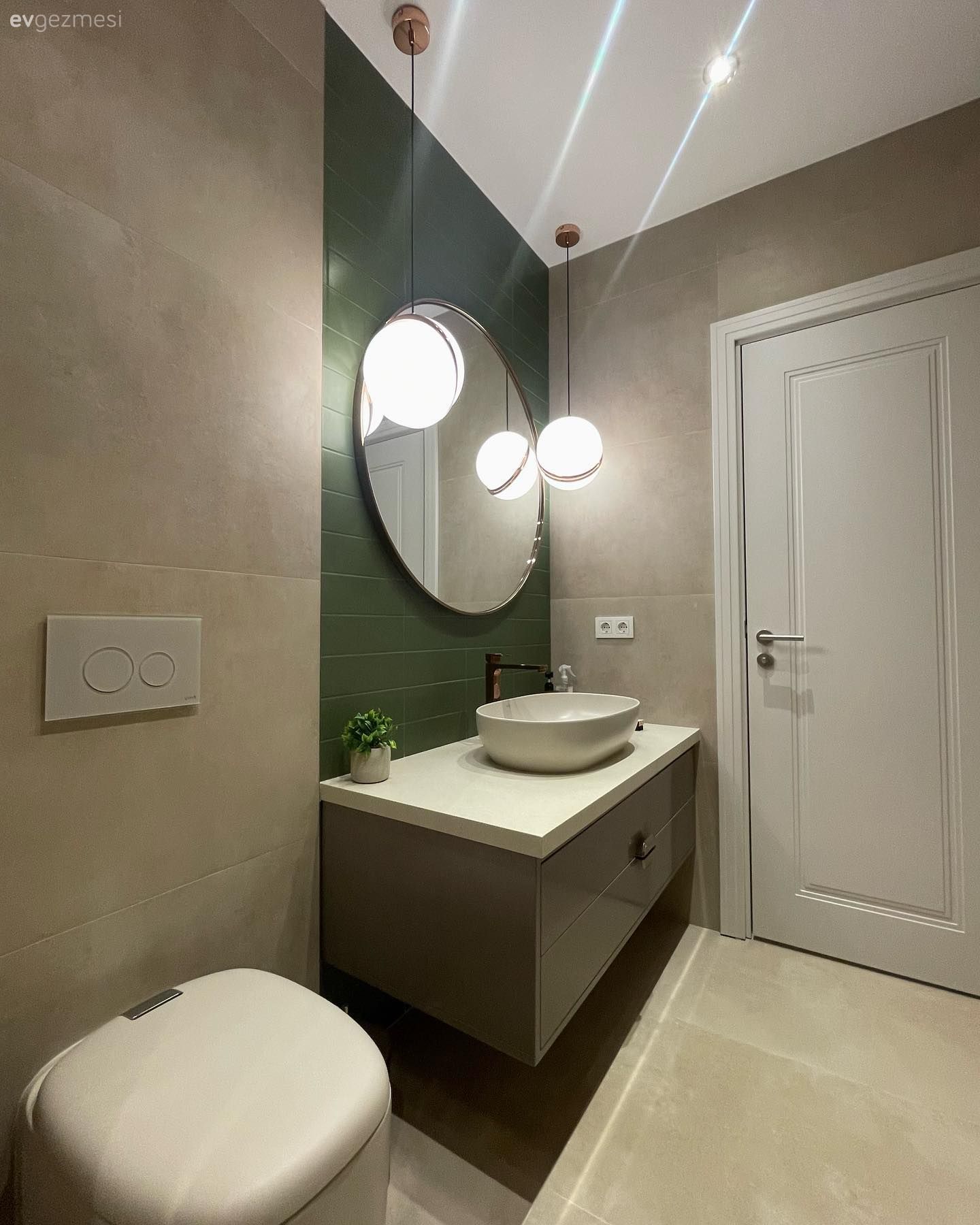 Banyo, Gri, Yeşil, Banyo dolabı, Banyo aksesuarları, Yuvarlak ayna, Dekoratif ayna, Banyo seramikleri, Aplik, Aydınlatma