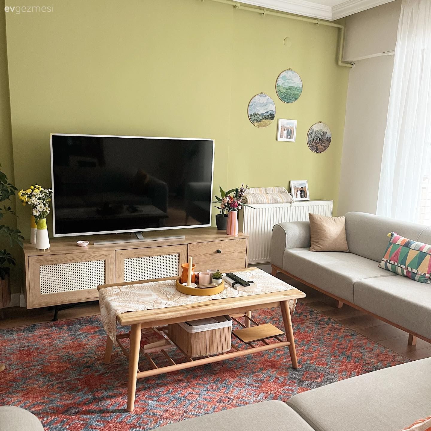 Yeşil duvar, Bej, Ahşap Mobilya, Tv ünitesi, Tv ünitesi aksesuarları, Ev Aksesuar, Orta sehpa, Sehpa, Koltuk takımı, Kırlent, Ev tekstili, Halı, Salon halısı, Tül perde, Perde, Bohem Dekorasyon