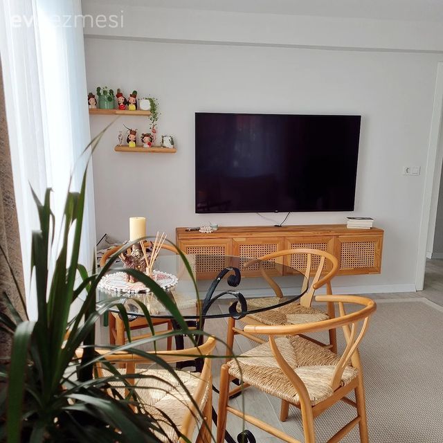 Salon, İskandinav, Beyaz, Kahverengi, Fon perde, Perde, Tül perde, Ev bitkisi, Sandalye, Yemek masası, Halı, Tv ünitesi, Tv ünitesi aksesuarları, Ev Aksesuar