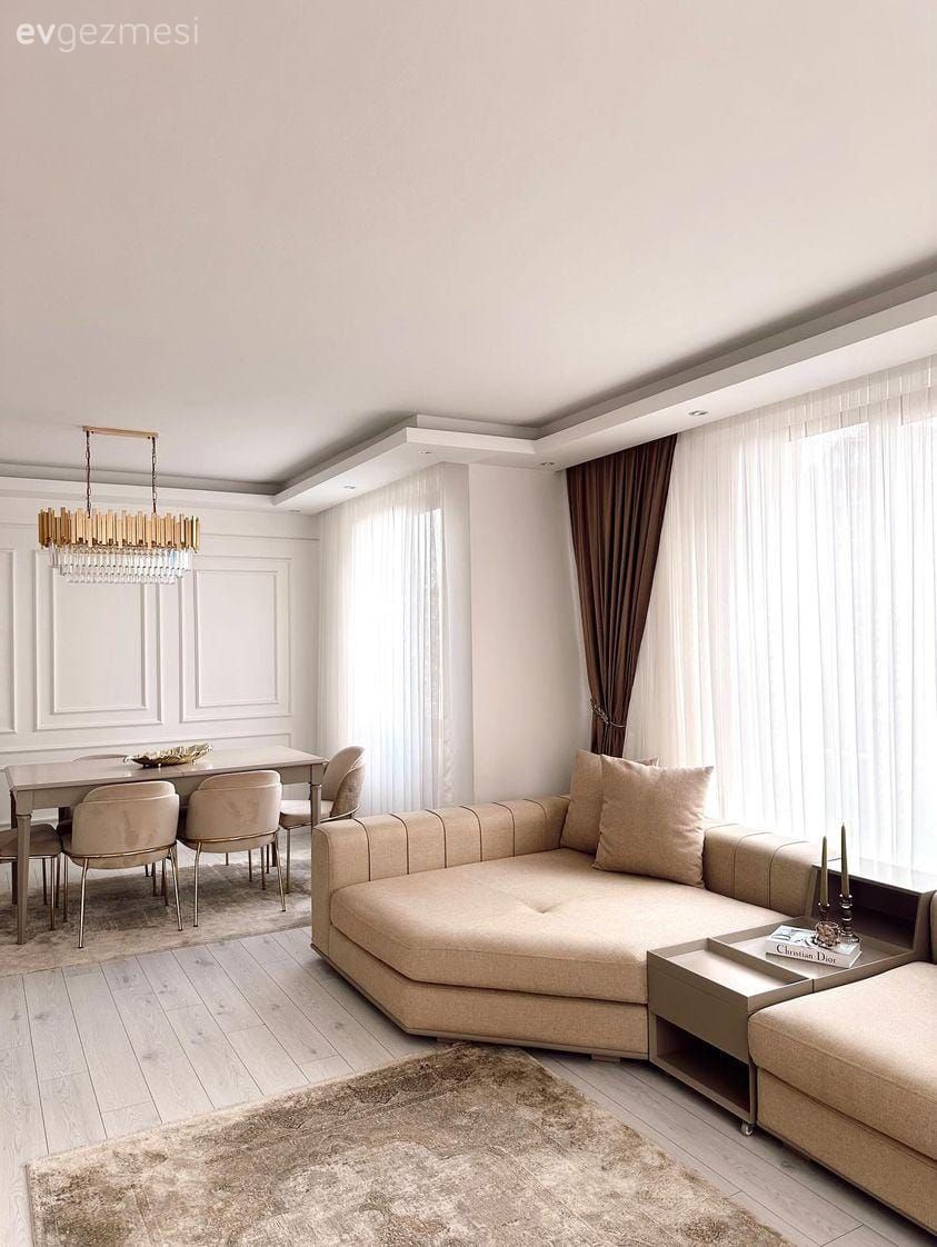 Salon, Modern, Bej, Krem, Kahverengi, Koltuk takımı, Halı, Sandalye, Duvar çıtalama, Yemek masası, Avize, Aydınlatma, Salon avizesi
