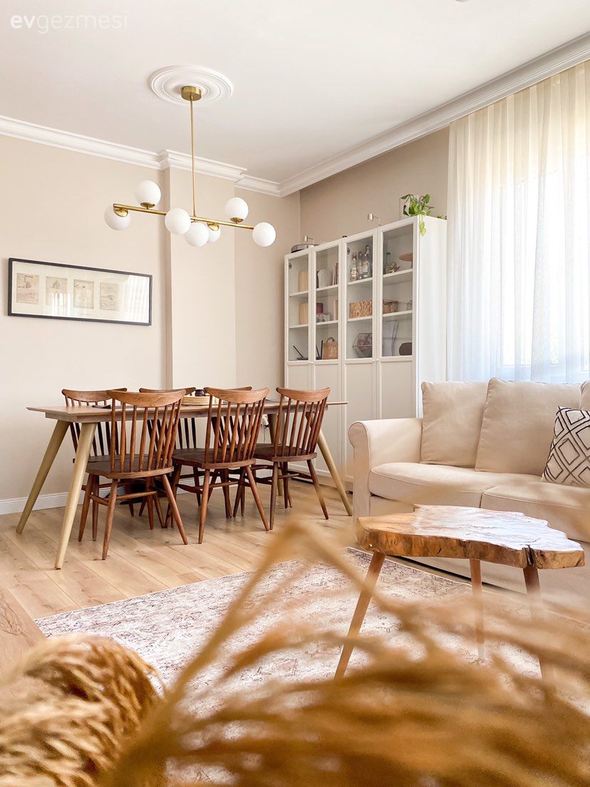 Salon, Bohem Dekorasyon, İskandinav, Beyaz, Krem, Vizon, Koltuk takımı, Sandalye, Yemek masası, Kitaplık, Orta sehpa, Sehpa, Ahşap Mobilya, Halı, Kırlent, Ev tekstili, Avize, Aydınlatma, Yemek odası avizesi, Tablo, Duvar dekorasyonu