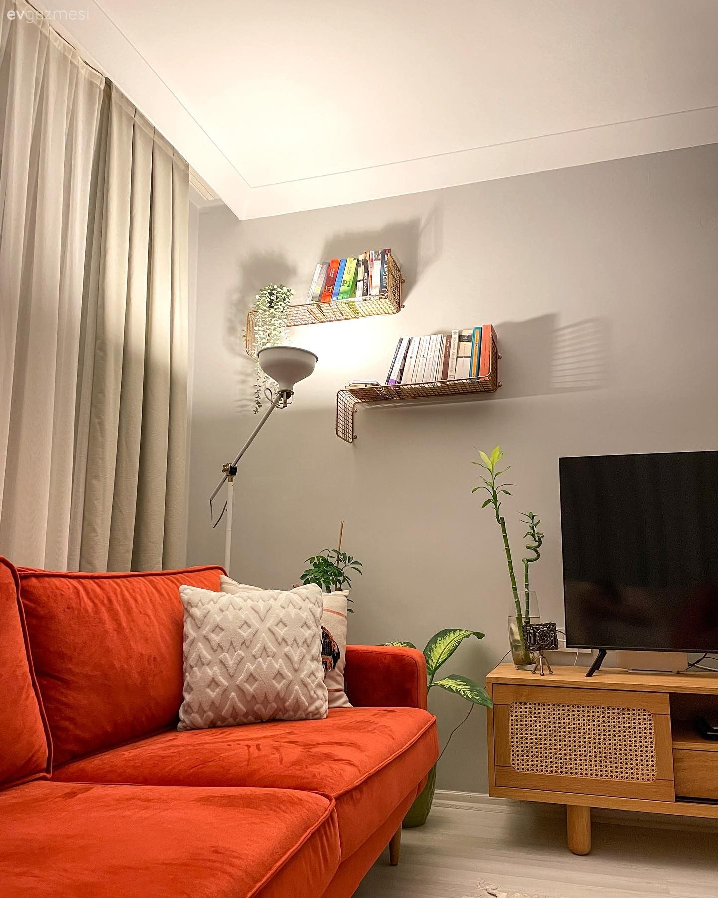 Salon, Modern, Bohem Dekorasyon, Turuncu, Bej, Beyaz, Fon perde, Perde, Tül perde, Hasır avize, Ev bitkisi