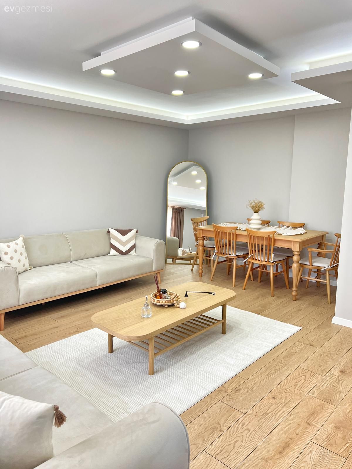 Salon, İskandinav, Beyaz, Krem, Bej, Ahşap Mobilya, Koltuk takımı, Orta sehpa, Sehpa, Halı, Salon halısı, Boy aynası, Ayna, Parke, Yemek masası, Sandalye, Kırlent, Ev tekstili