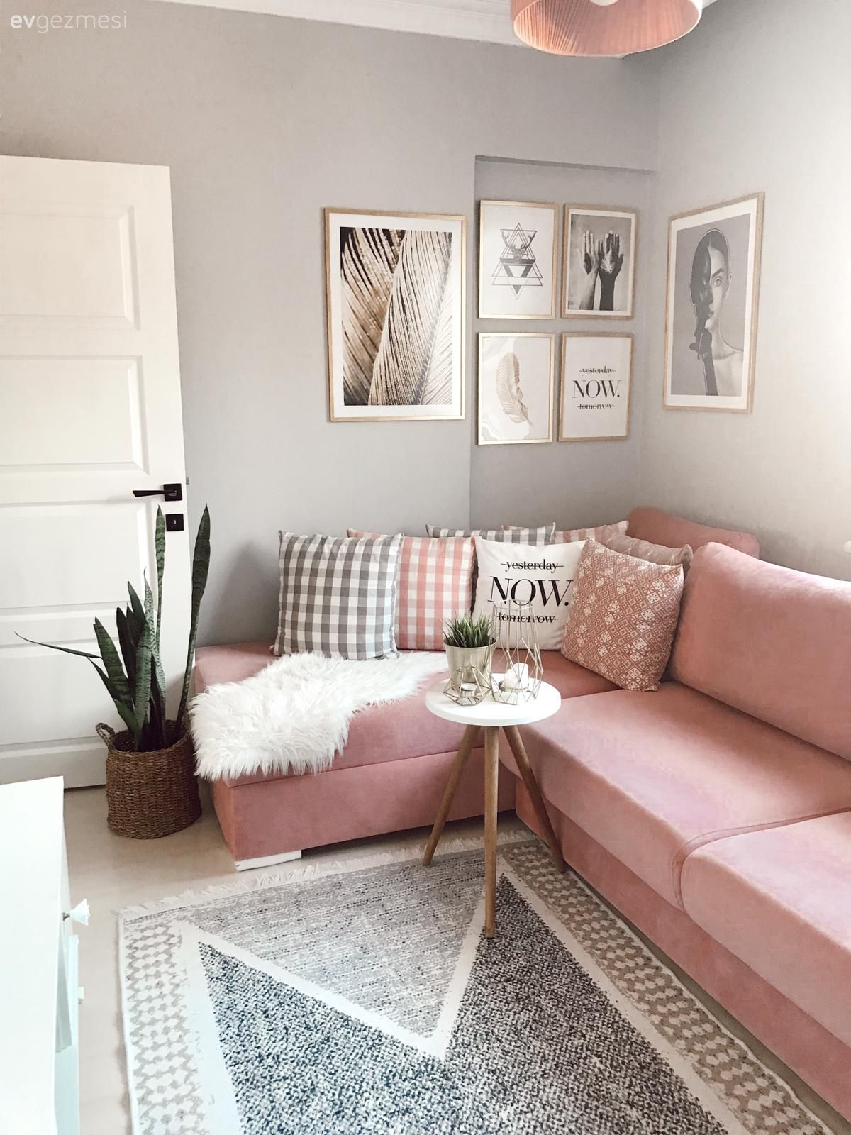 Oturma Odası, Beyaz, Pembe, Gri, Köşe koltuk, Koltuk takımı, Tablo, Duvar dekorasyonu, Çerçeve, Avize, Aydınlatma, Yan sehpa, Sehpa, Ev bitkisi, Saksı, Peluş