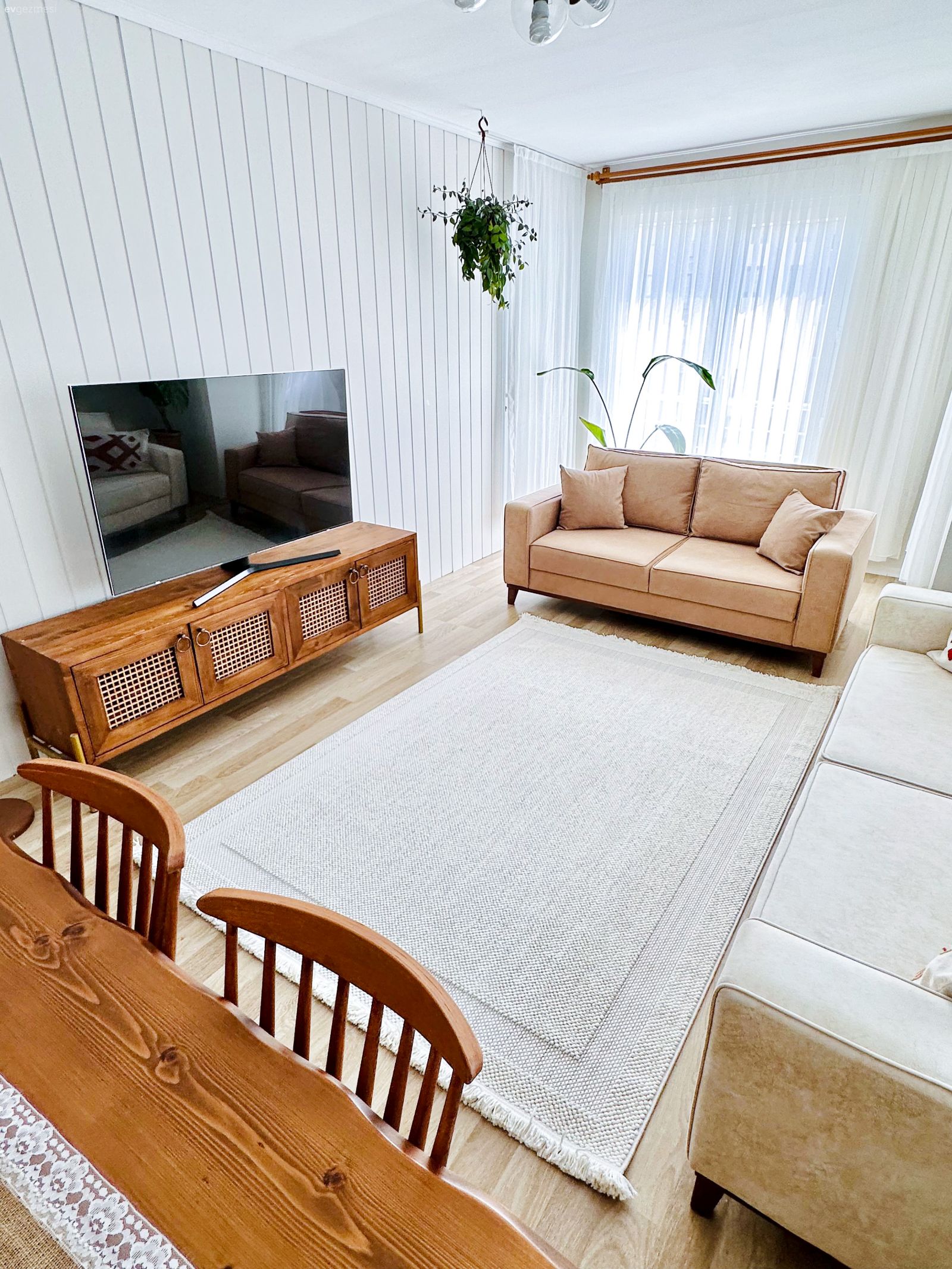 Salon, İskandinav, Krem, Bej, Koltuk takımı, Duvar çıtalama, Beyaz, Ahşap Mobilya, Halı, Salon halısı, Tv ünitesi, Tül perde, Perde, Sandalye, Yemek masası, Ev bitkisi