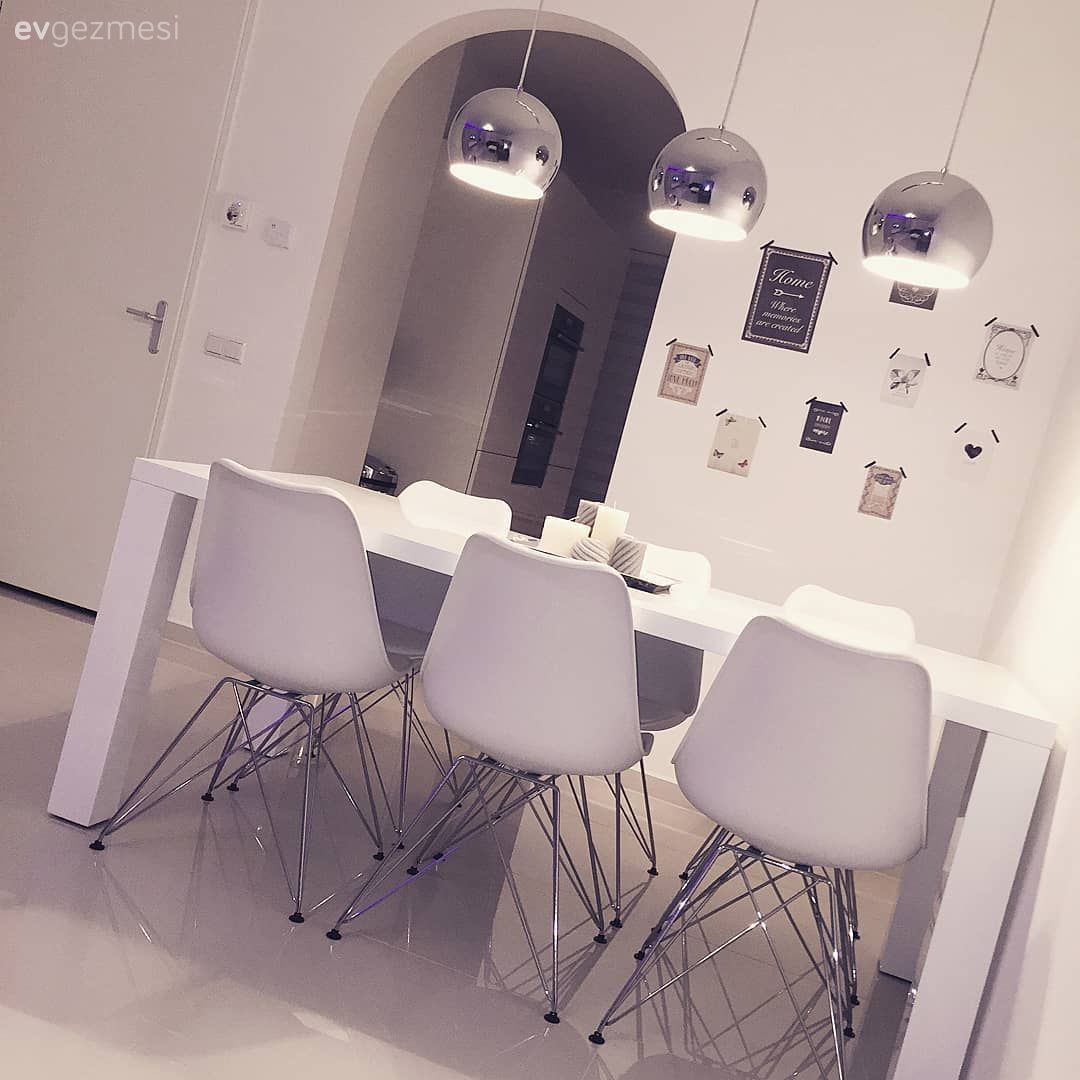 Yemek Odası, Yemek masası, Sandalye, Modern, Sarkıt, Aydınlatma, Krom sarkıt, Duvar dekorasyonu, Duvar panosu, Beyaz