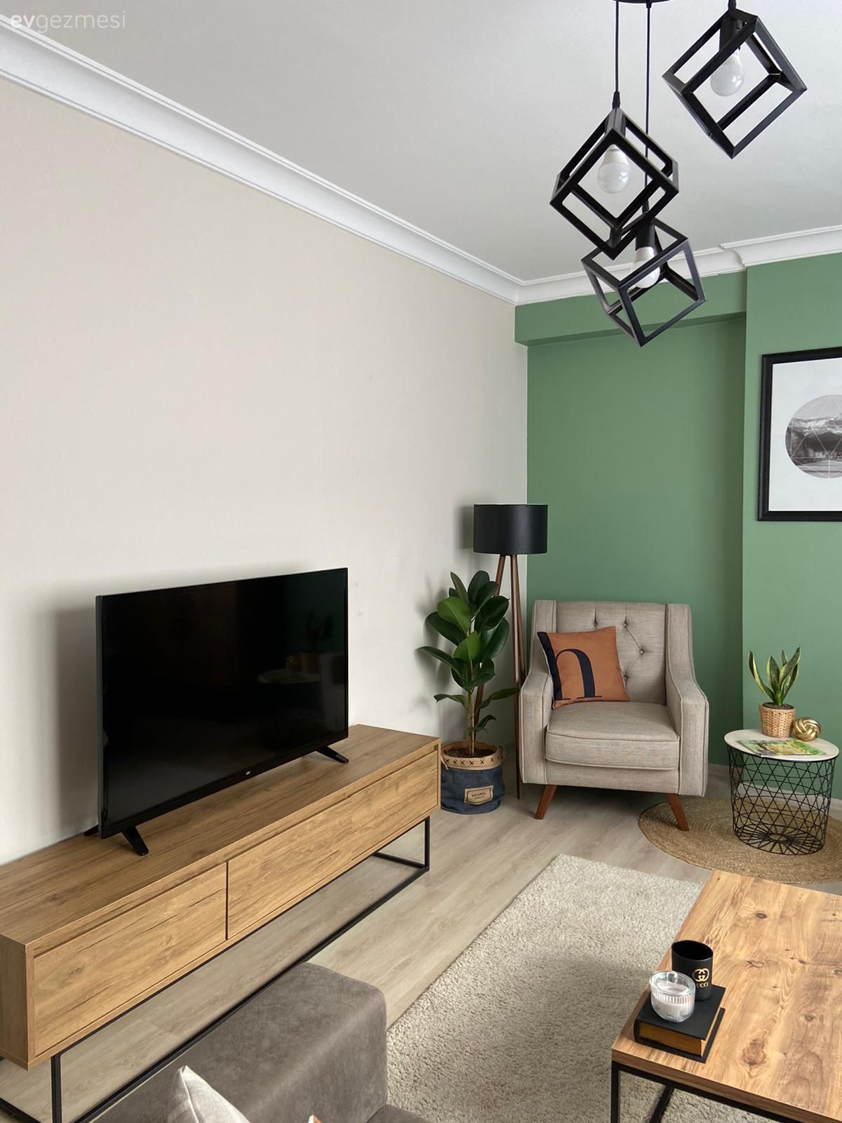 Salon, Modern, Yeşil duvar, Köşe koltuk, Koltuk takımı, Ahşap Mobilya, Bej, Krem, Vizon, Berjer, Halı, Salon halısı, Orta sehpa, Sehpa, Lambader, Aydınlatma, Avize, Salon avizesi, Yan sehpa, Tablo, Duvar dekorasyonu, Ev bitkisi, Tv ünitesi