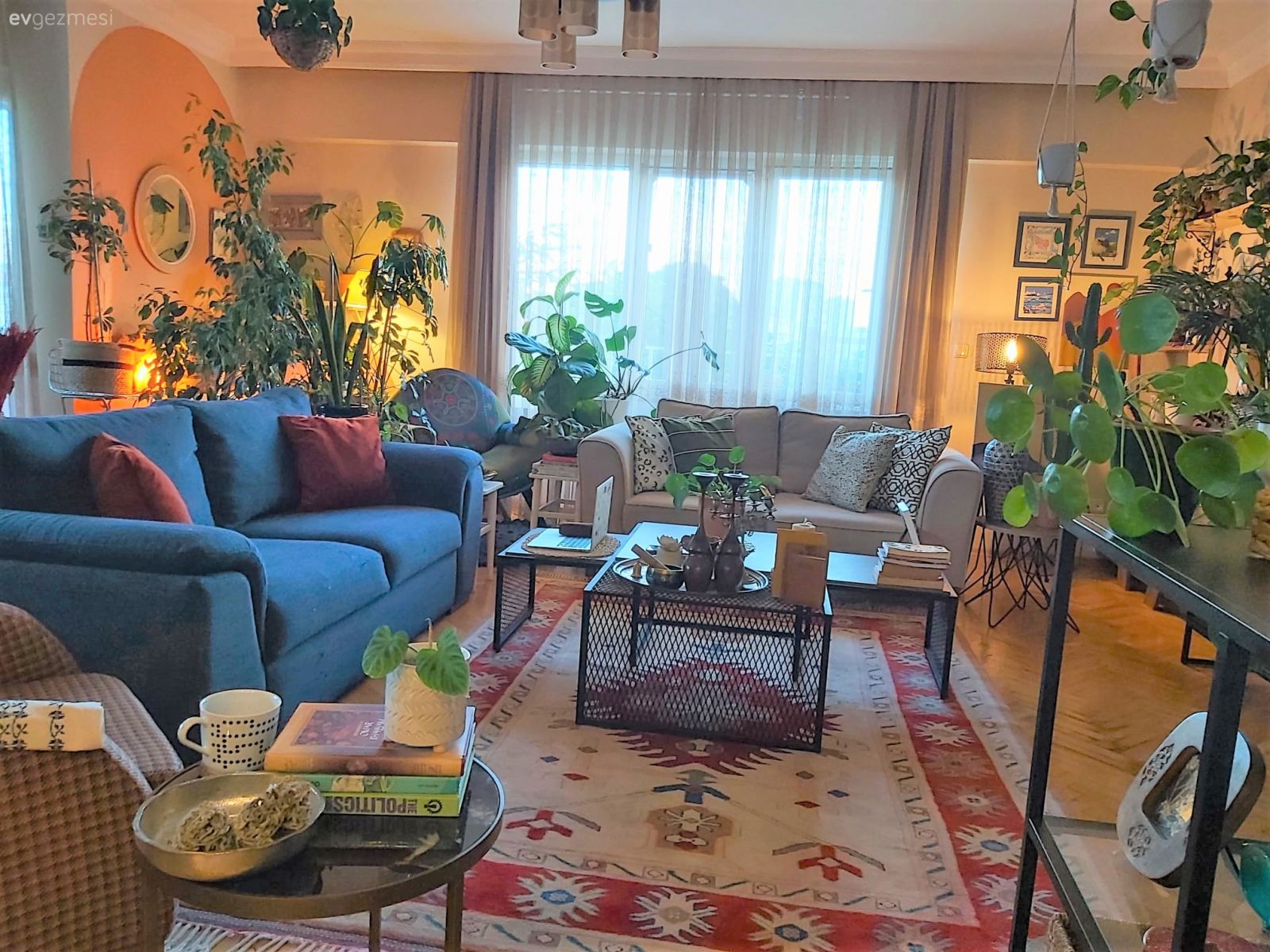 Salon, Bohem Dekorasyon, Mavi, Beyaz, Koltuk takımı, Ev bitkisi, Kırlent, Ev tekstili, Orta sehpa, Sehpa, Halı, Salon halısı, Tül perde, Perde, Turuncu