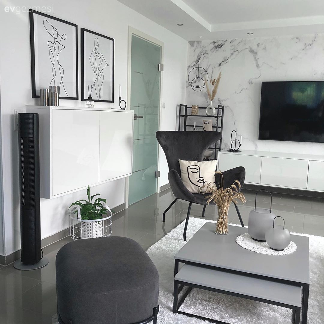 Salon, Modern, Beyaz, Koltuk takımı, Berjer, Puf, Orta sehpa, Sehpa, Halı, Salon halısı, Tablo, Duvar dekorasyonu, Tv ünitesi, Tv ünitesi aksesuarları, Ev Aksesuar, Dekoratif Objeler, Sehpa üstü aksesuarı, Ev bitkisi