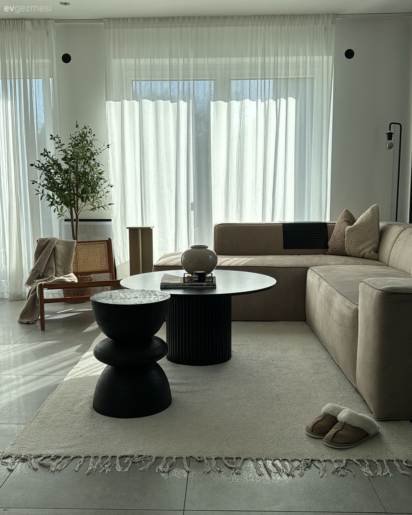 Salon, Modern, Siyah, Krem, Bej, Köşe koltuk, Koltuk takımı, Hasır sandalye, Orta sehpa, Sehpa, Halı, Salon halısı, Kırlent, Ev tekstili, Tül perde, Perde, Ev bitkisi