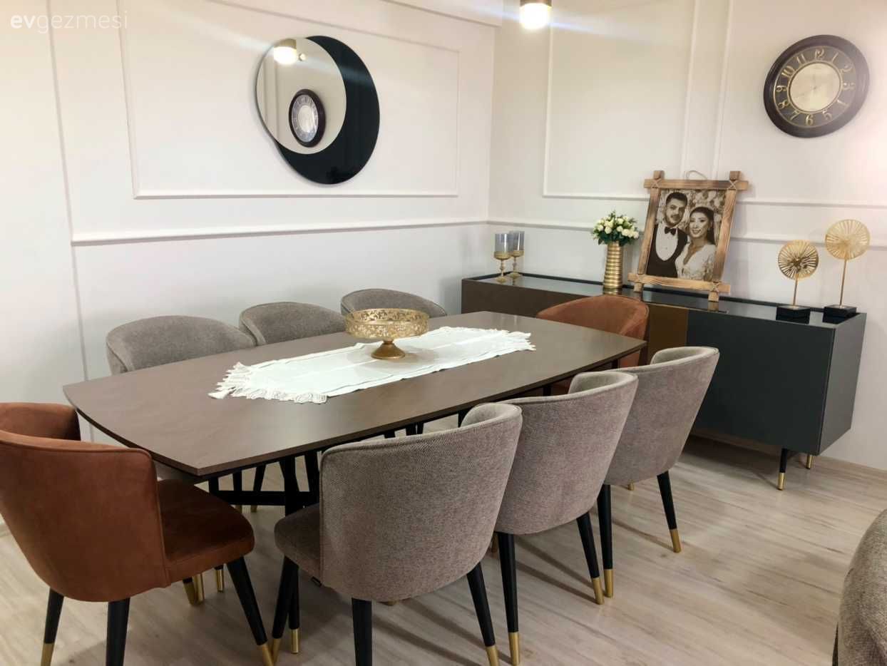 Krem duvar, Duvar çıtalama, Siyah, Vizon, Turuncu, Yemek masası, Konsol, Konsol üzeri dekoratif objeleri, Duvar saati, Duvar dekorasyonu