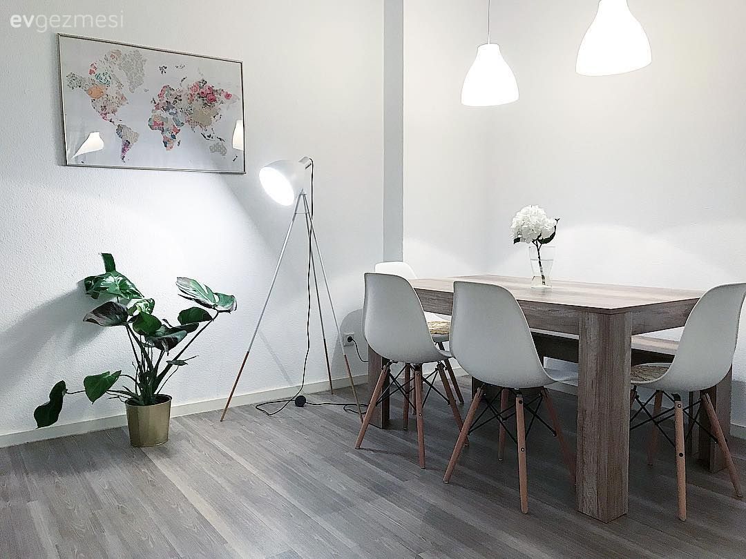 Yemek Odası, Ahşap masa, Yemek masası, Eames sandalye, Beyaz, Yemek odası avizesi, Sarkıt, Ev bitkisi, Duvar dekorasyonu, Tablo