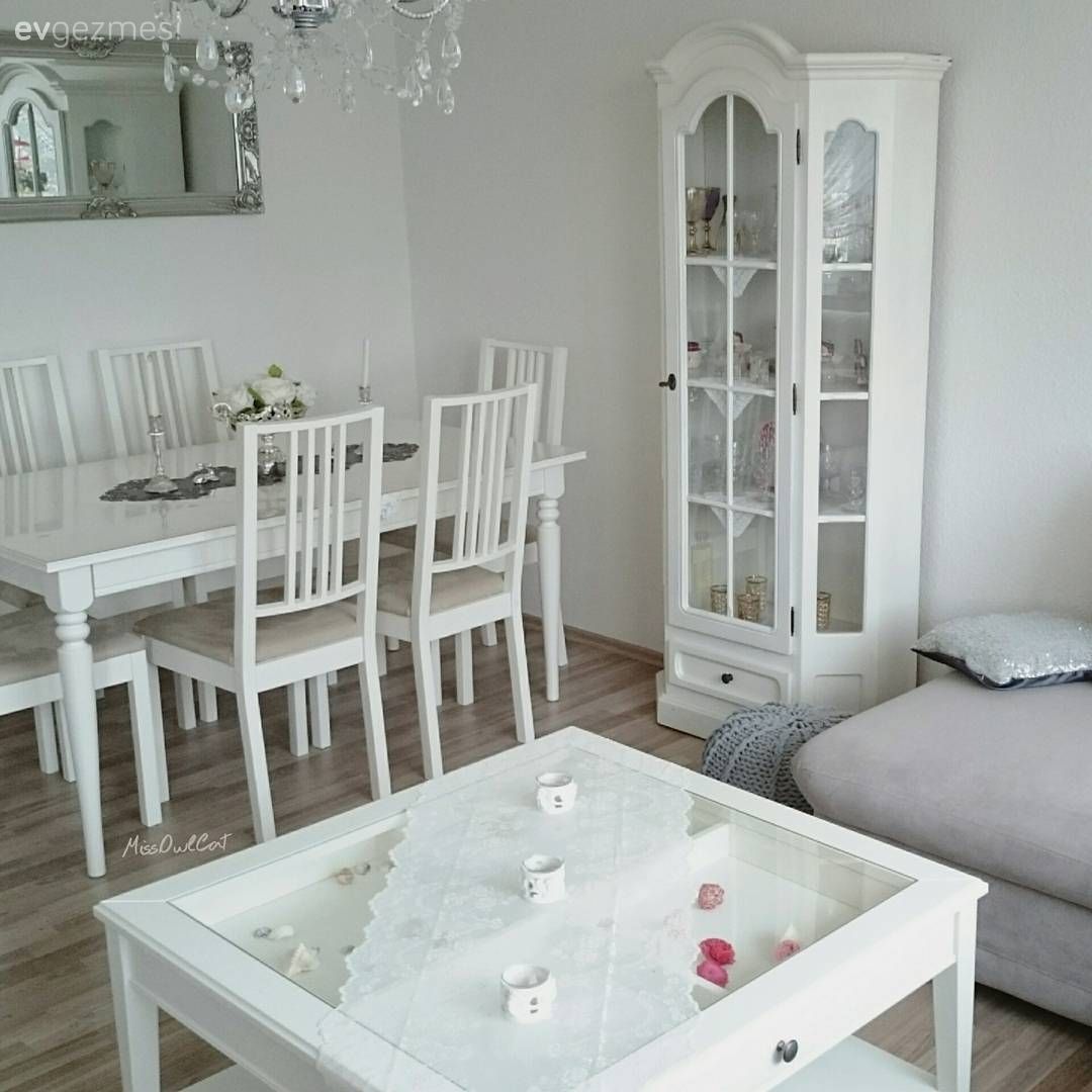 Salon, Beyaz, Vizon, Vitrin, Orta sehpa, Sehpa, Yemek masası, Sandalye, Ayna, Avize, Aydınlatma