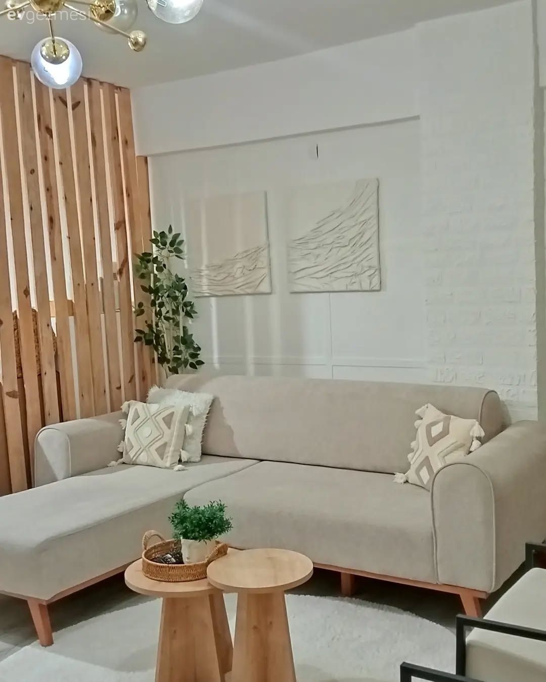 Modern, Bohem Dekorasyon, Ahşap panel, Krem, Bej, Köşe koltuk, Koltuk takımı, Kırlent, Ev tekstili, Ev bitkisi, Yan sehpa, Sehpa, Halı, Avize, Aydınlatma