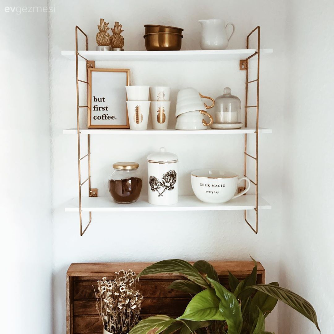 Bakır, Beyaz, Mutfak, Siyah, Mutfak rafı, Mutfak duvar dekorasyonu