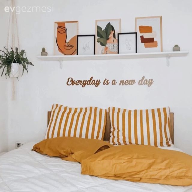 Yatak Odası, Beyaz, Turuncu, Çizgili desen, Desenler, Duvar rafı, Duvar dekorasyonu, Yatak odası duvar dekorasyonu, Ev bitkisi, Yatak örtüsü