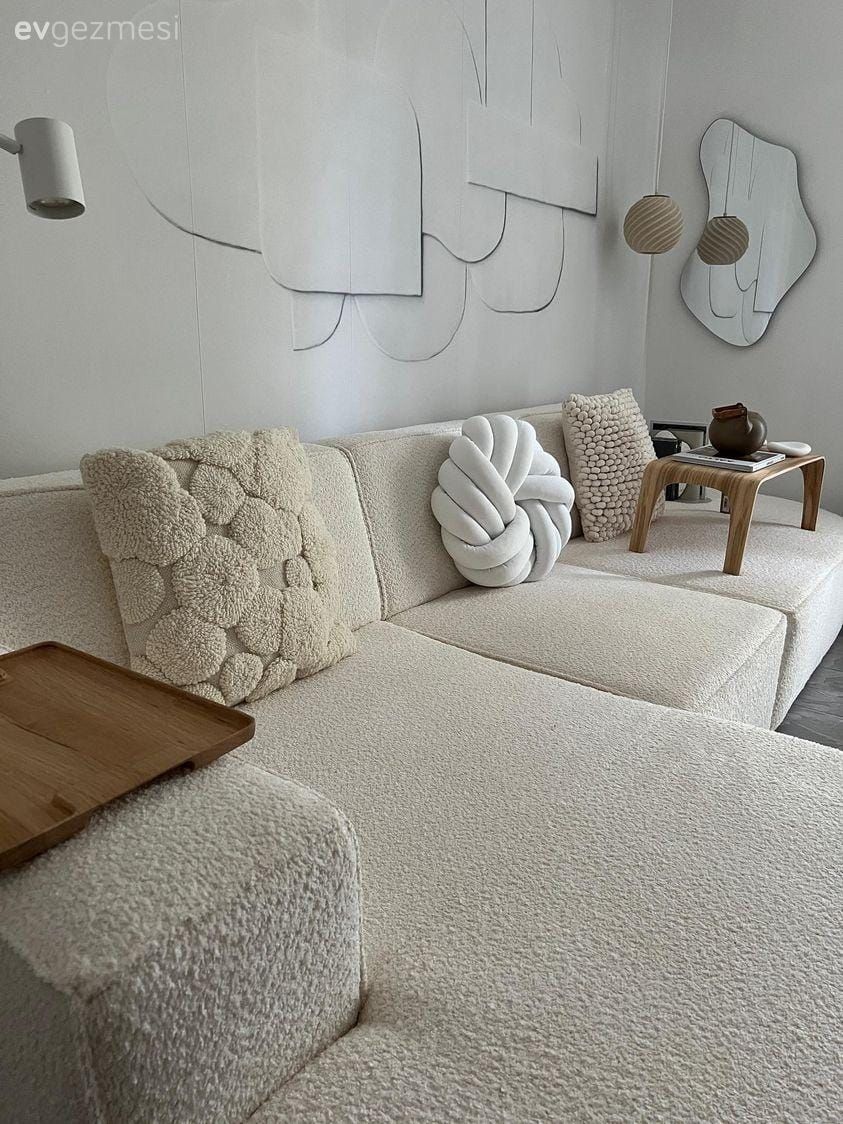 Salon, Modern, Teddy koltuk, Köşe koltuk, Koltuk takımı, Kırlent, Ev tekstili, Ayna, Duvar dekorasyonu, Lambader, Aydınlatma, Dekoratif Objeler