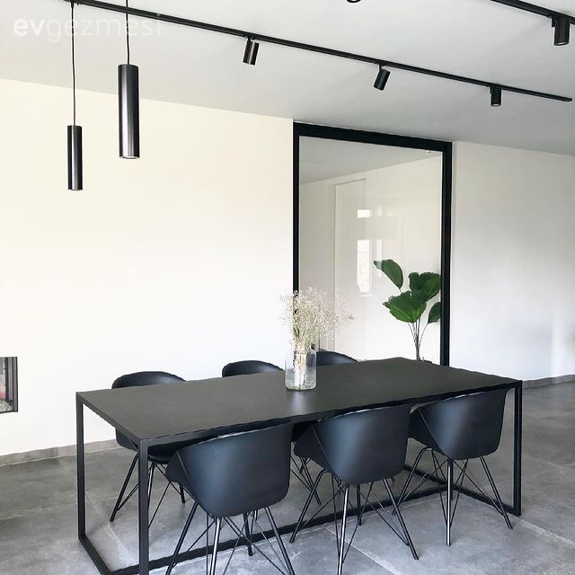 Sandalye, Yemek Odası, Modern, Siyah, Spot aydınlatma, Aydınlatma, Mutfak zemin seramikleri, Mutfak, Ev bitkisi, Saksı, Zemin seramikleri