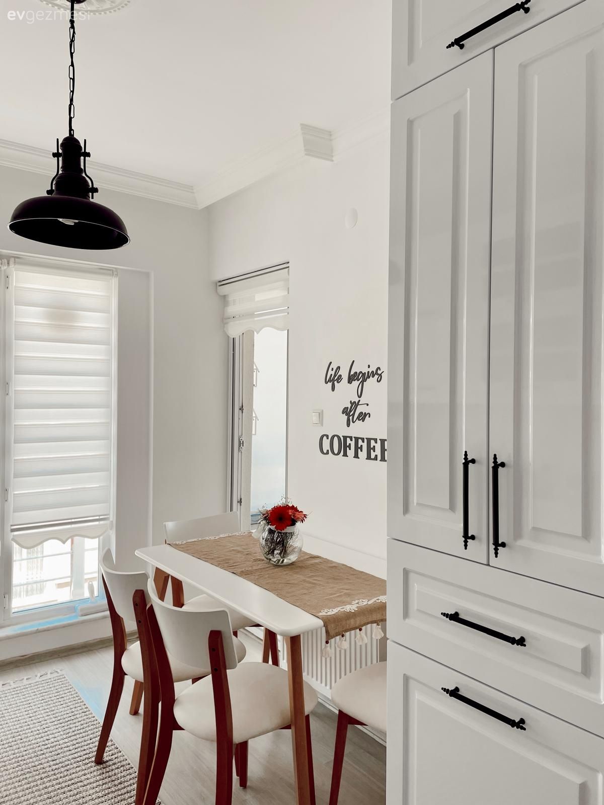 Ekstra mutfak dolabı, Beyaz, Shaker kapaklı dolaplar, Sandalye, Mutfak masası, Mutfak duvar dekorasyonu, Mutfak Avize Modelleri, Mutfak halısı, Mutfak