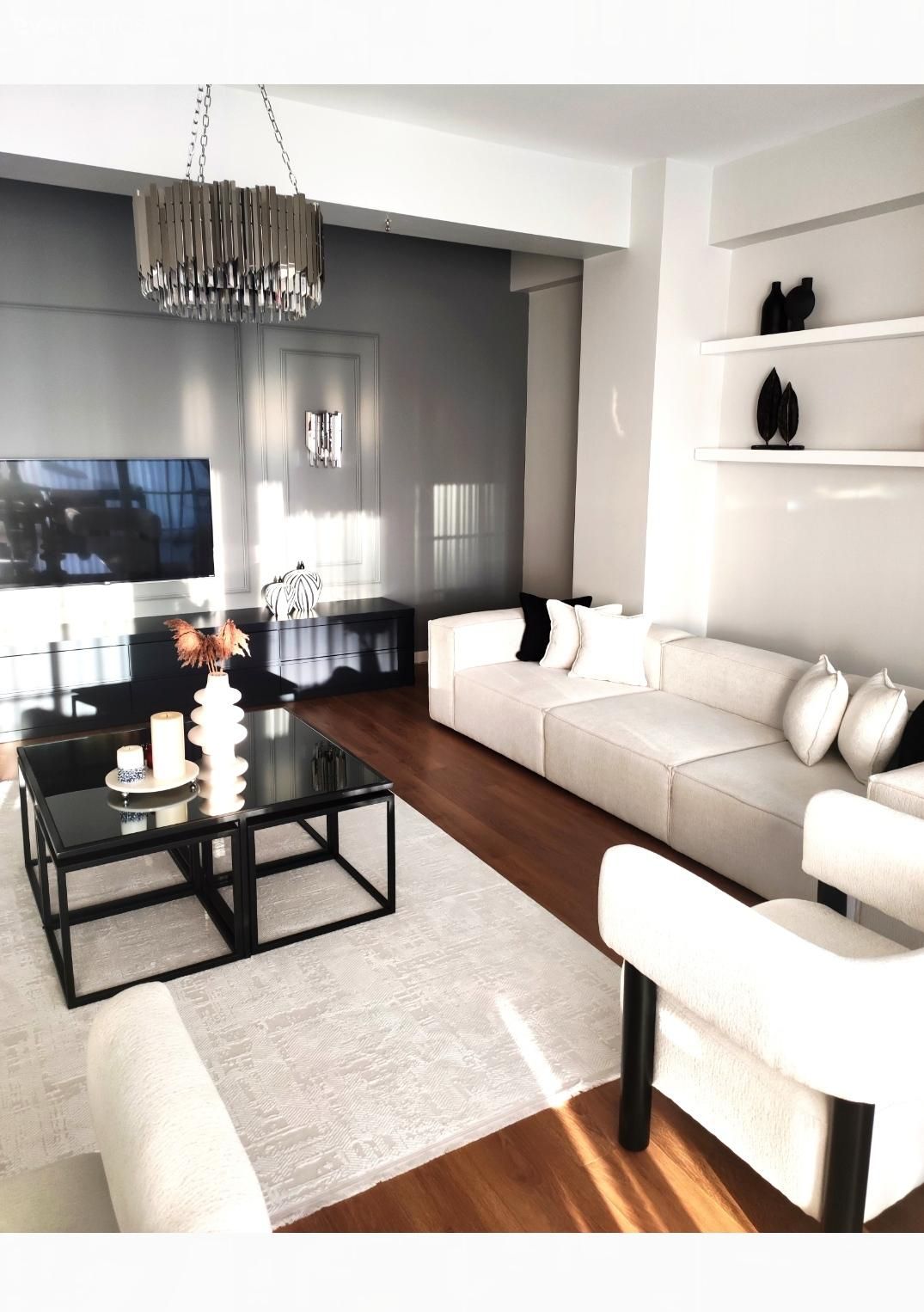 Salon, Modern, Beyaz, Siyah, Koltuk takımı, Duvar rafı, Duvar dekorasyonu, Halı, Orta sehpa, Sehpa, Dekoratif Objeler, Kırlent, Ev tekstili, Tv ünitesi, Tv ünitesi aksesuarları, Ev Aksesuar, Avize, Aydınlatma, Salon avizesi
