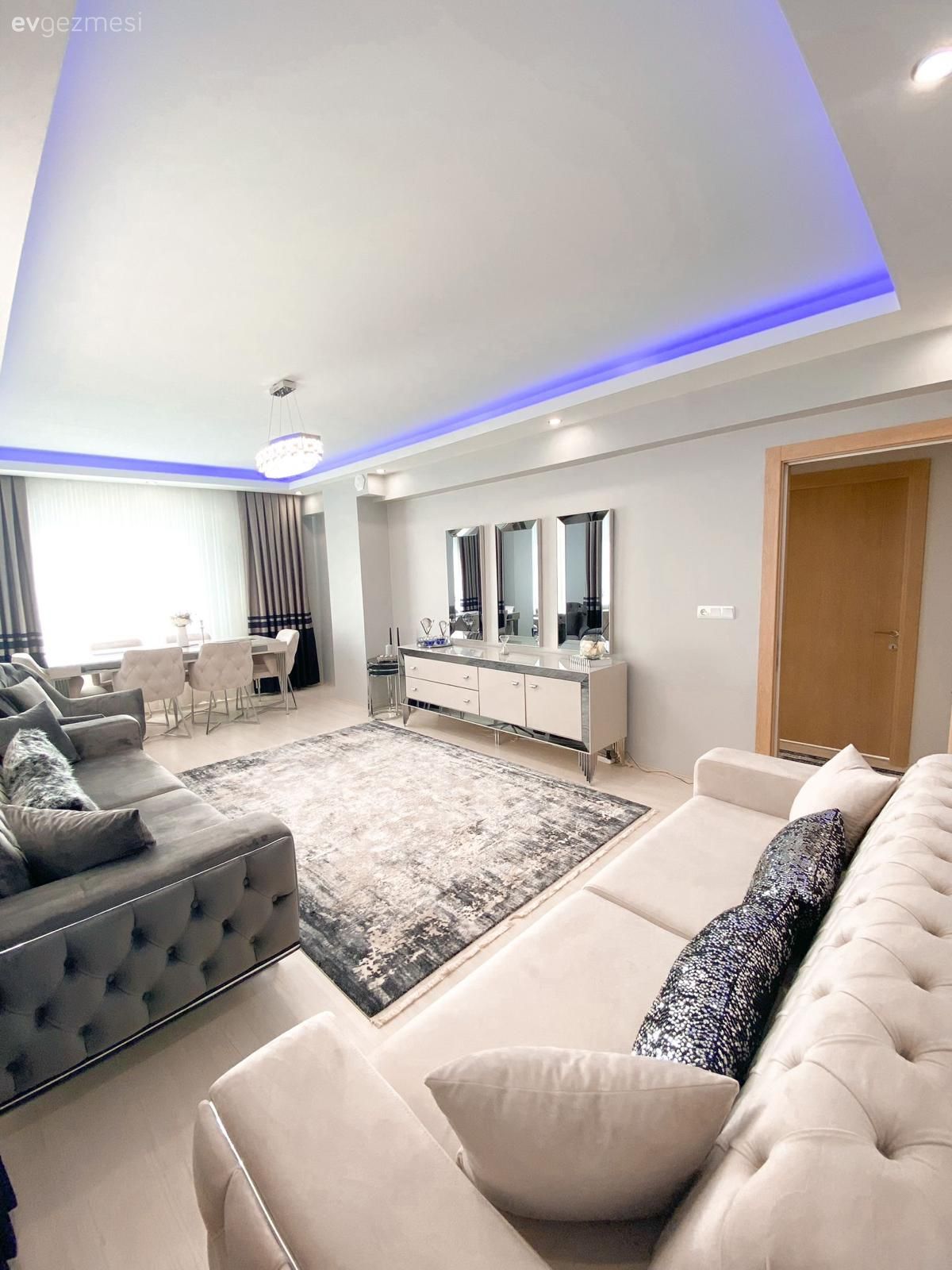 Salon, Gri, Klasik, Krem, Koltuk takımı, Modern chesterfield, Halı, Salon halısı, Tv ünitesi, Tv ünitesi aksesuarları, Ev Aksesuar, Led aydınlatma, Aydınlatma