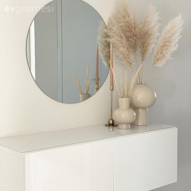 Yuvarlak ayna, Dekoratif ayna, Vazo, Ev Aksesuar, Pampas otu, Dresuar