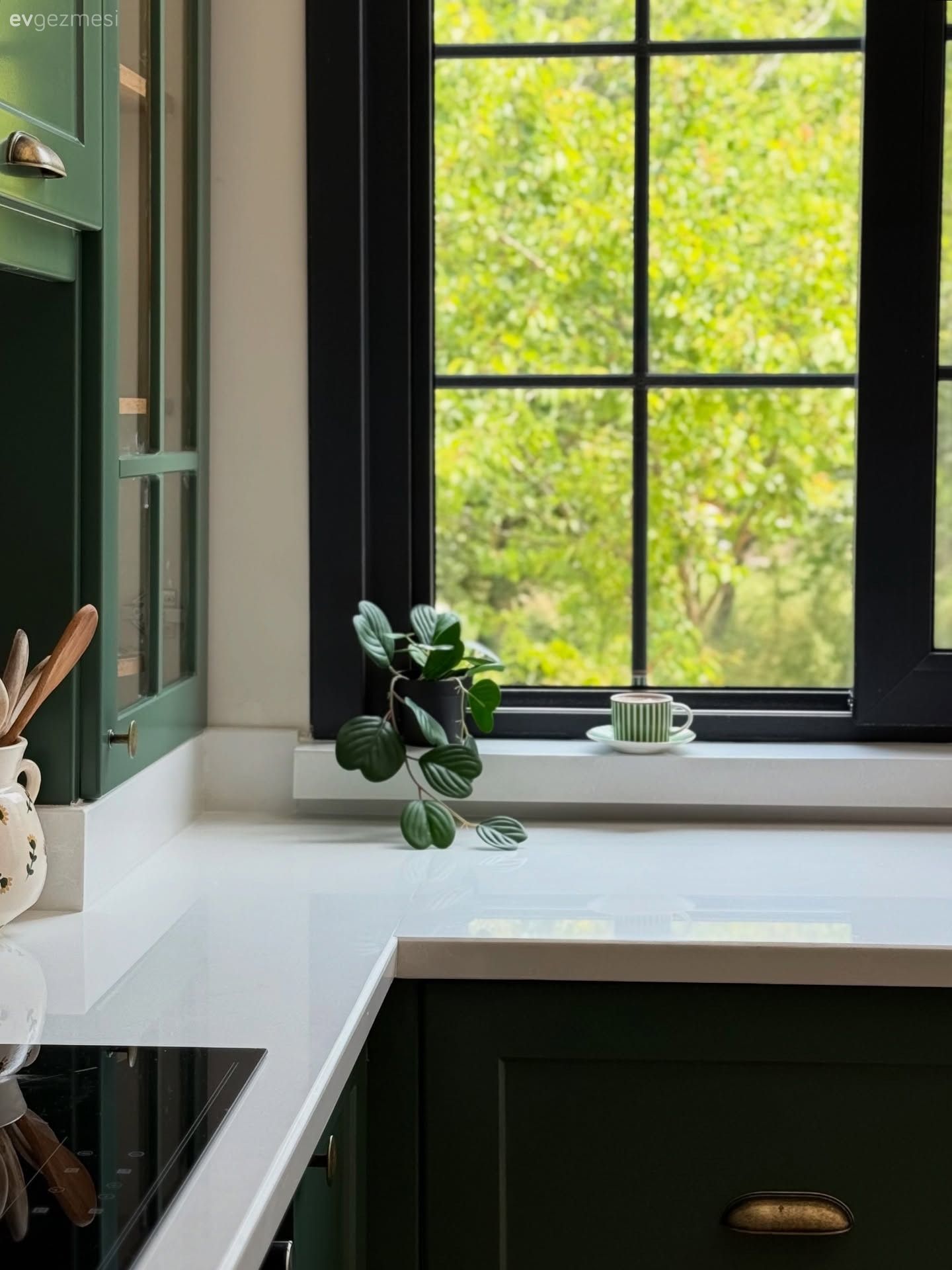 Yeşil Dolaplı Bu Mutfak Karakteristik Parçaların Kombinasyonu