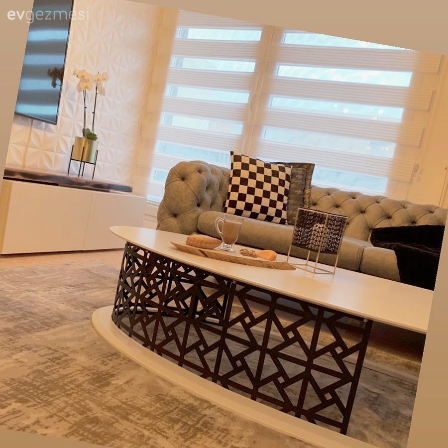 Salon, Salon halısı, Beyaz, Gri, Siyah, Modern chesterfield, Metal ayaklı sehpa, Sehpa, Kırlent, Ev tekstili