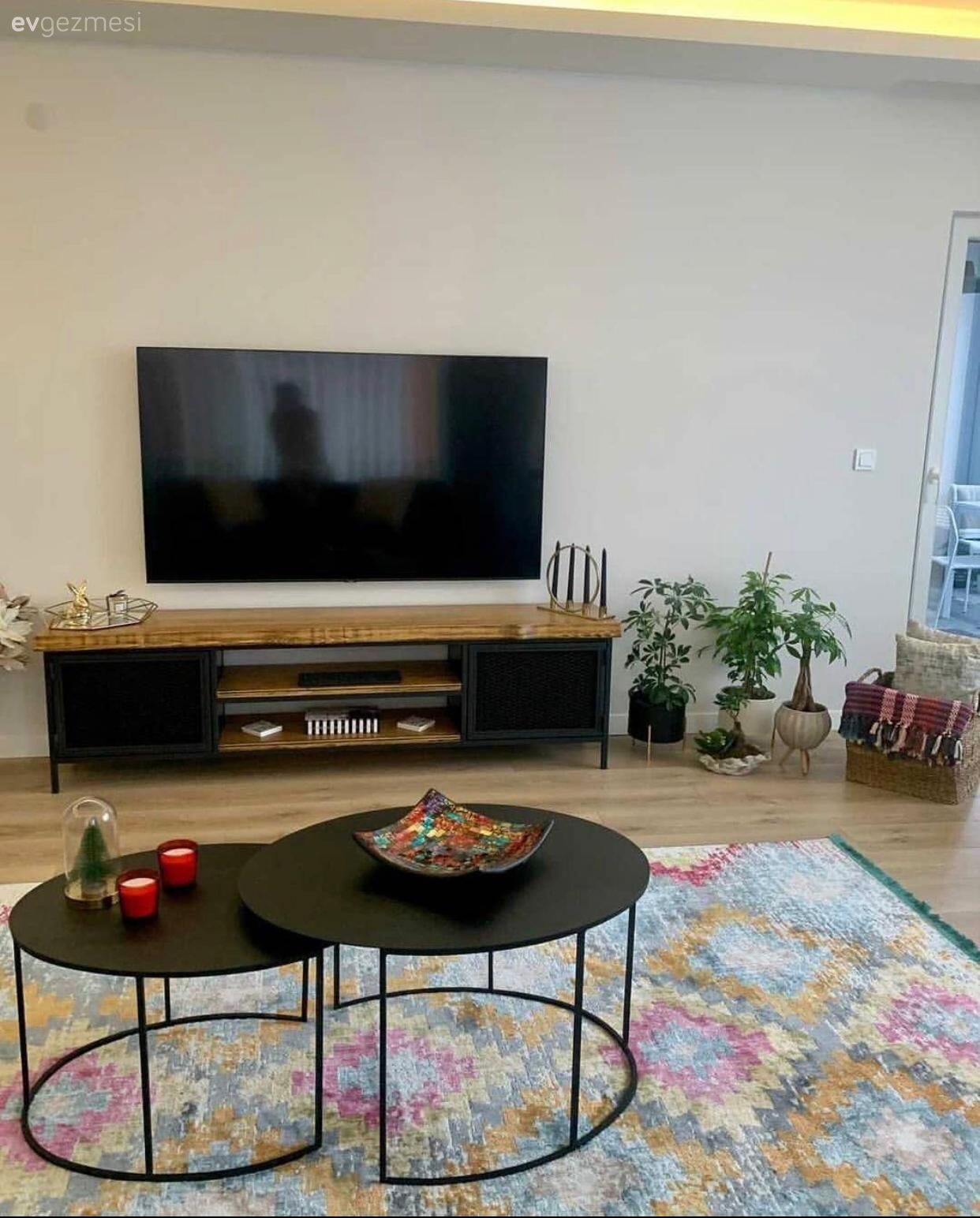 Beyaz, Siyah, Tv ünitesi, Ev bitkisi, Halı, Salon halısı, Orta sehpa, Sehpa, Yuvarlak sehpa, Parke