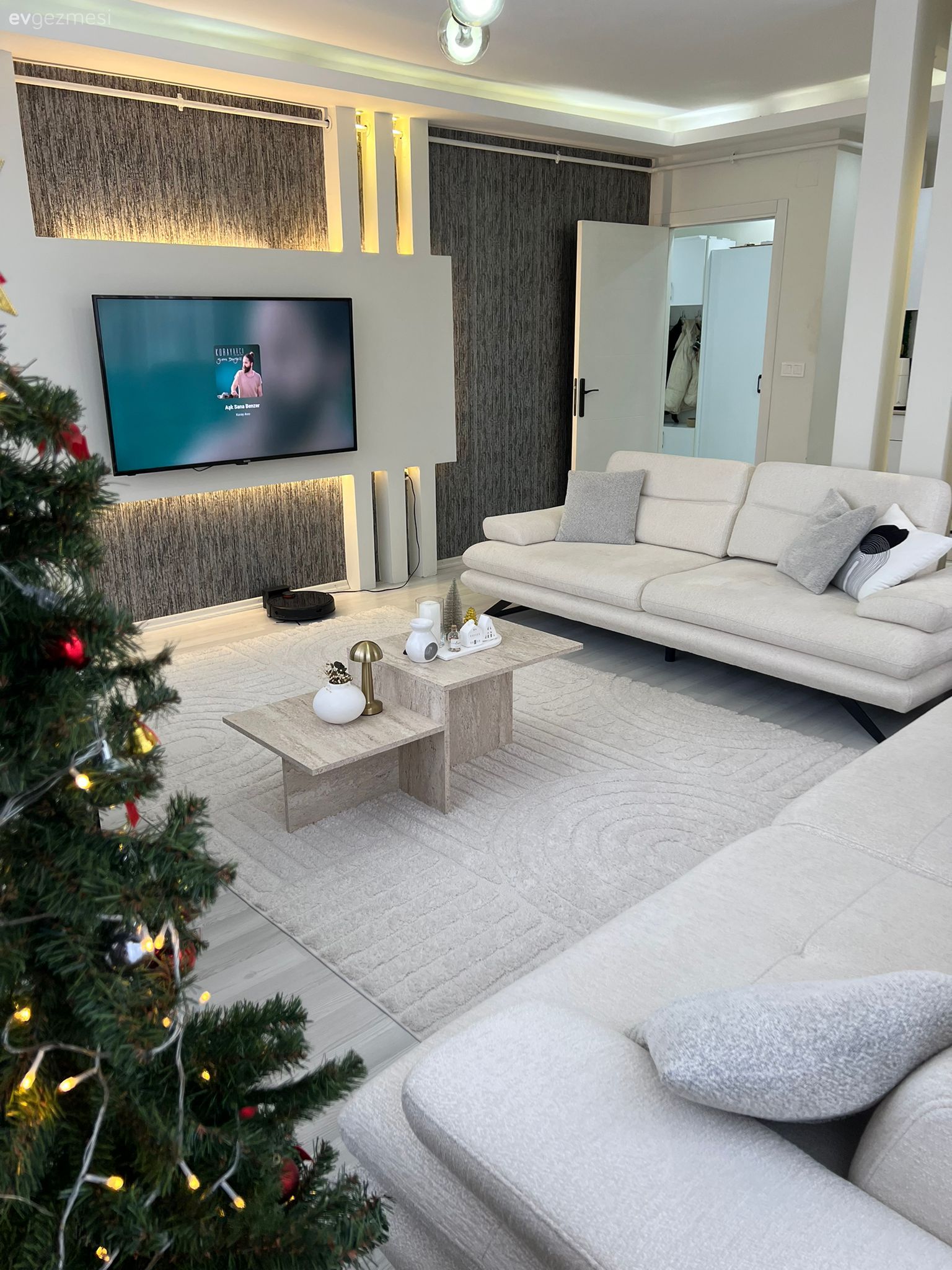 Beyaz, Gri, Çam ağacı, Koltuk takımı, Halı, Salon halısı, Tv ünitesi, Tv ünitesi aksesuarları, Ev Aksesuar, Kırlent, Ev tekstili, Beyaz halı, Led aydınlatma, Aydınlatma, Parke, Avize, Dekoratif Objeler