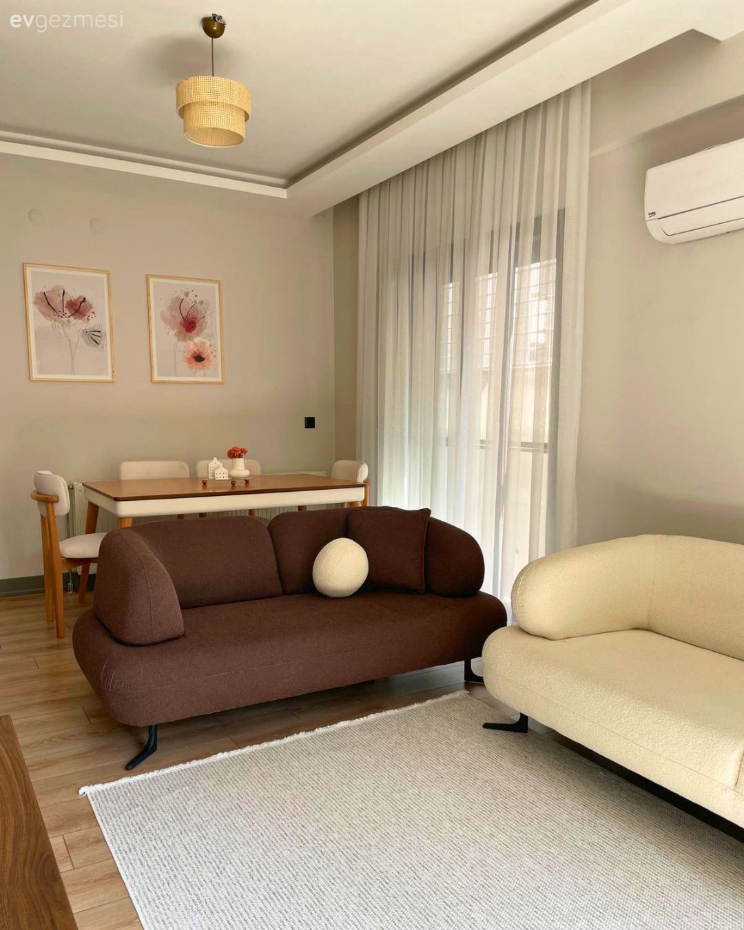 Kahverengi, Salon, Beyaz, Modern, Koltuk takımı, Krem, Halı, Salon halısı, Beyaz halı, Tül perde, Perde, Sandalye, Yemek masası, Avize, Aydınlatma