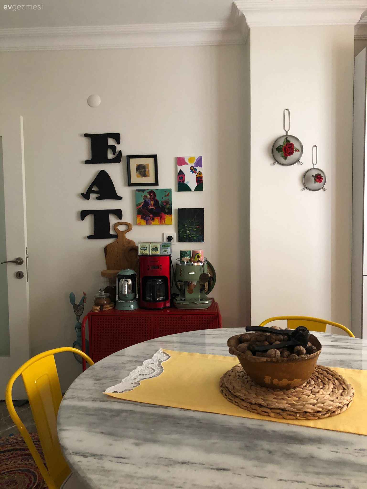 Mutfak, Mutfak köşesi, Kırmızı, Mutfak duvar dekorasyonu, Kahve köşesi, Sarı, Yeşil, Paspas, Sandalye, Vizon, Mutfak masası