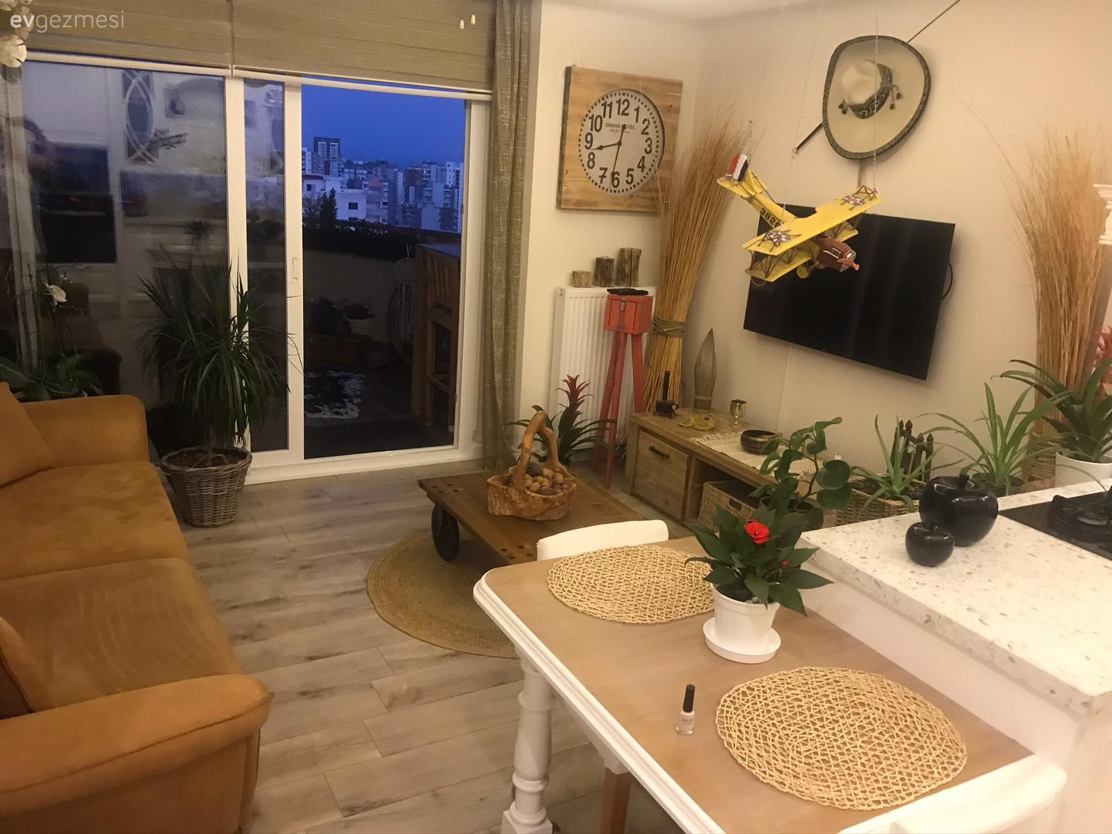 Salon, Rustik, Kahverengi, Beyaz, Yeşil, Koltuk takımı, Saksı, Ev bitkisi, Tablo, Duvar dekorasyonu, Orta sehpa, Sehpa