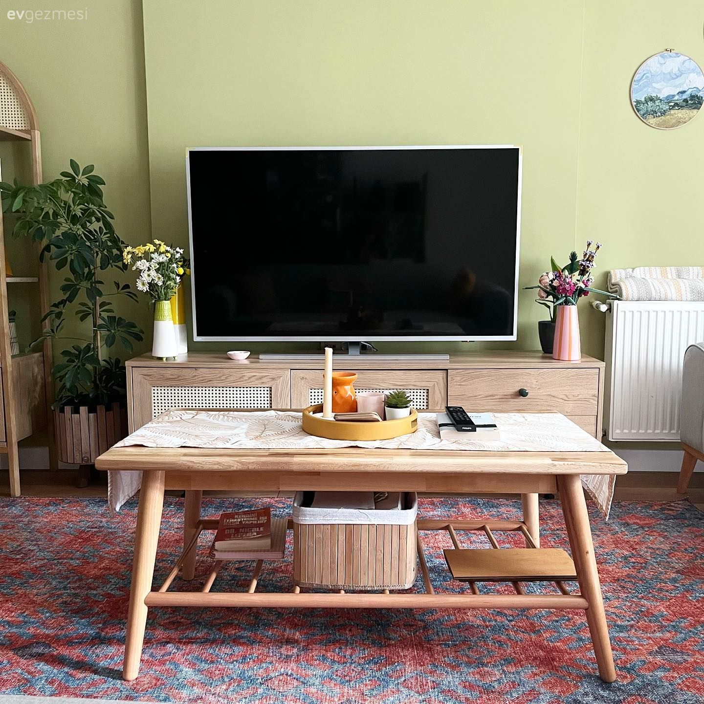 Yeşil duvar, Tv ünitesi, Tv ünitesi aksesuarları, Ev Aksesuar, Orta sehpa, Sehpa, Halı, Salon halısı, Ev bitkisi, Saksı