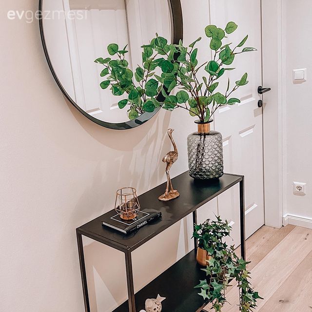 Hol, Beyaz, Siyah, Dresuar, Yuvarlak ayna, Dekoratif ayna, Yolluk, Halı, Saksı, Ev bitkisi, Vazo, Ev Aksesuar