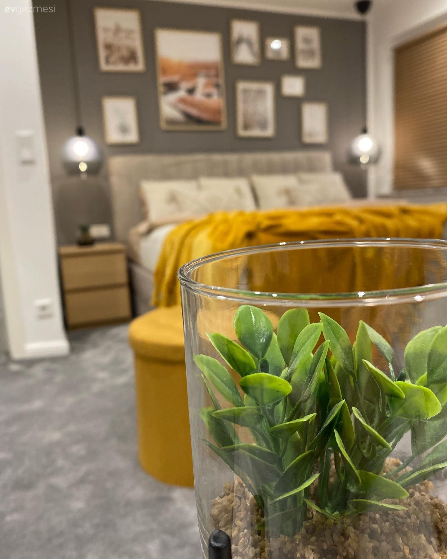 Yatak Odası, Gri duvar, Sarı, Yatak örtüsü, Galeri duvarı, Duvar dekorasyonu, Komodin, Abajur, Aydınlatma, Halı