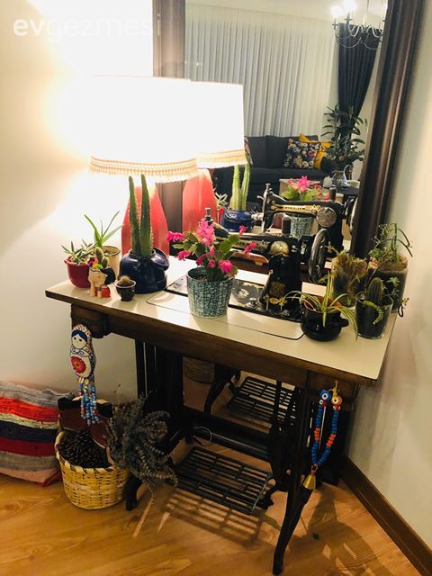 Dikiş makinasından masa, Abajur, Aydınlatma, Ev bitkisi, Saksı, Ayna