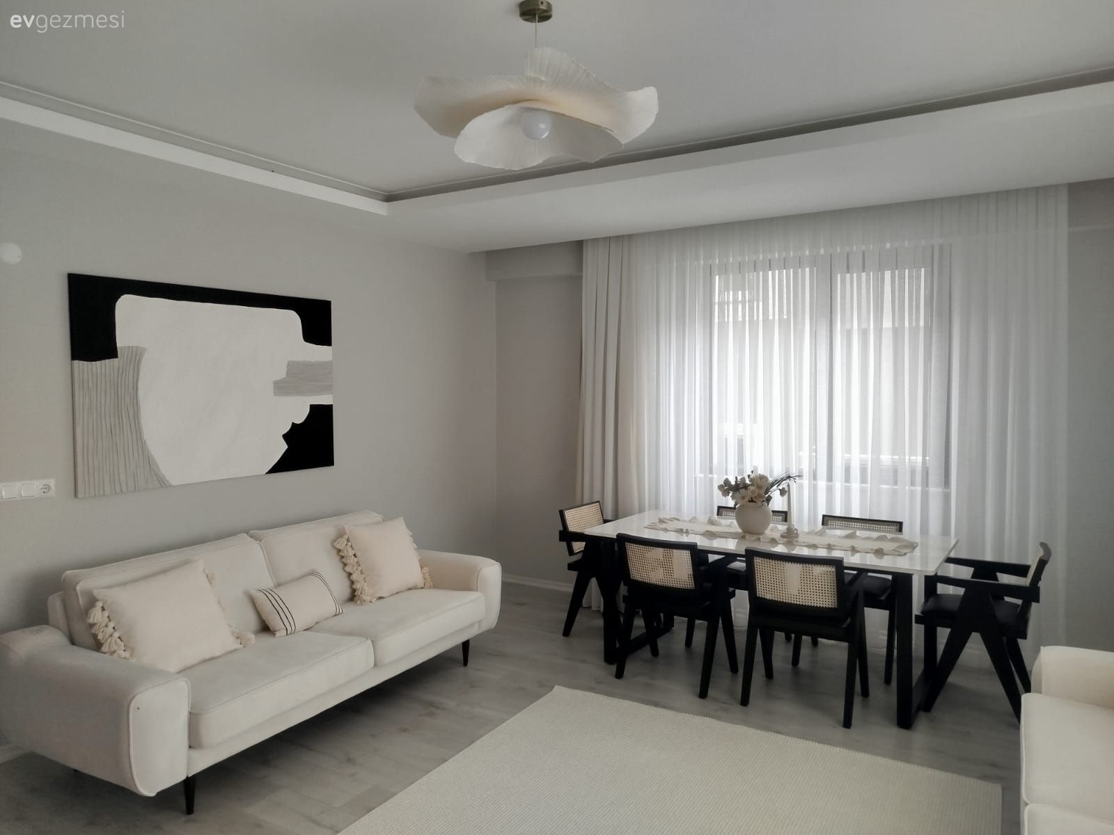 Salon, Modern, İskandinav, Koltuk takımı, Siyah, Tül perde, Perde, Sandalye, Yemek masası, Tablo, Duvar dekorasyonu, Halı, Salon halısı, Avize, Aydınlatma
