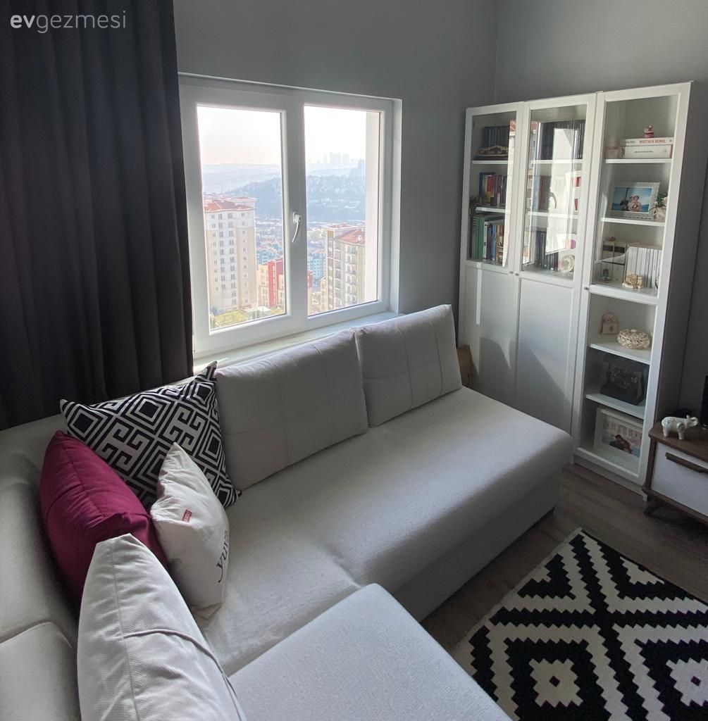 Oturma Odası, Köşe koltuk, Koltuk takımı, Beyaz, Siyah, Geometrik desen, Desenler, Kitaplık, Fon perde, Perde