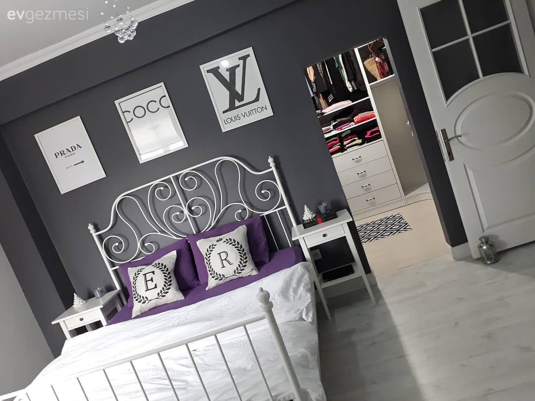 Yatak Odası, Antrasit  , Beyaz, Mor, Ferforje, Duvar dekorasyonu, Antrasit duvar, Giyinme odası, Komodin, Ev Aksesuar, Kırlent, Çerçeve