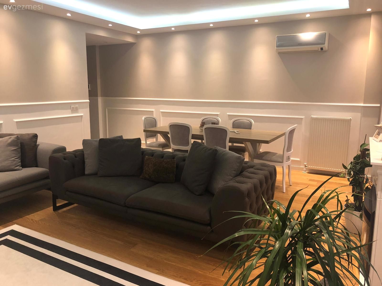 Salon, Modern, İskandinav, Gri koltuk, Koltuk takımı, Sandalye, Yemek masası, Duvar çıtalama, Led aydınlatma, Aydınlatma, Spot aydınlatma, Ev bitkisi